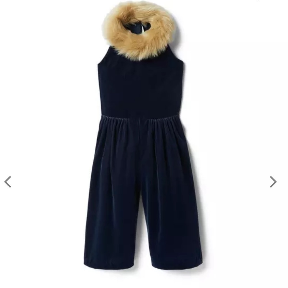 Janie & Jack Navy Velvet Jumpsuit with Faux Fur Collar